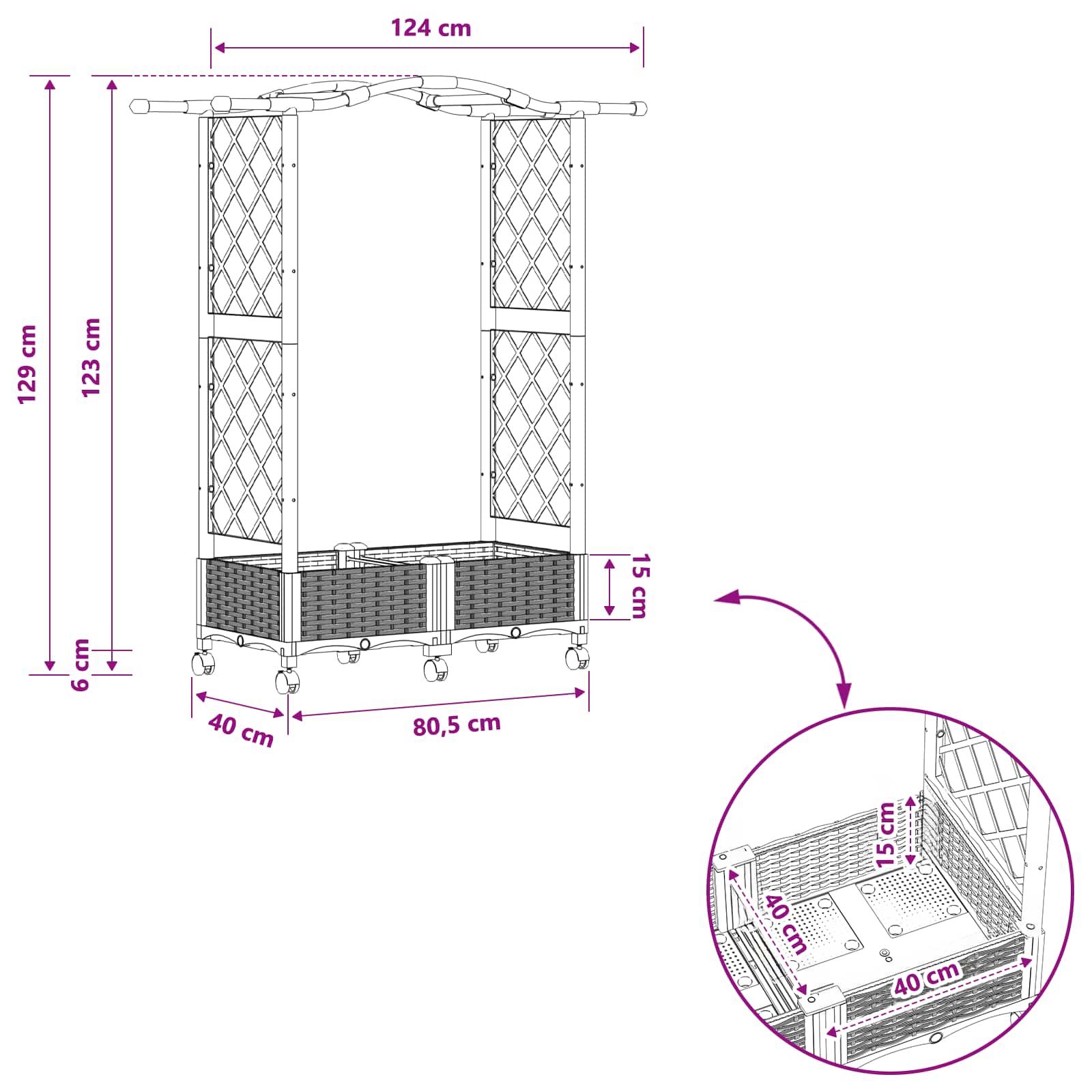 Verhoogd Bed met Trellis en Dak Lichtgrijs 124 x 40 x 129 cm PP