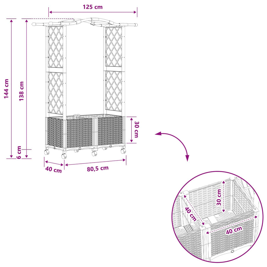 Verhoogd Bed met Trellis en Dak Zwart 125 x 40 x 144 cm PP