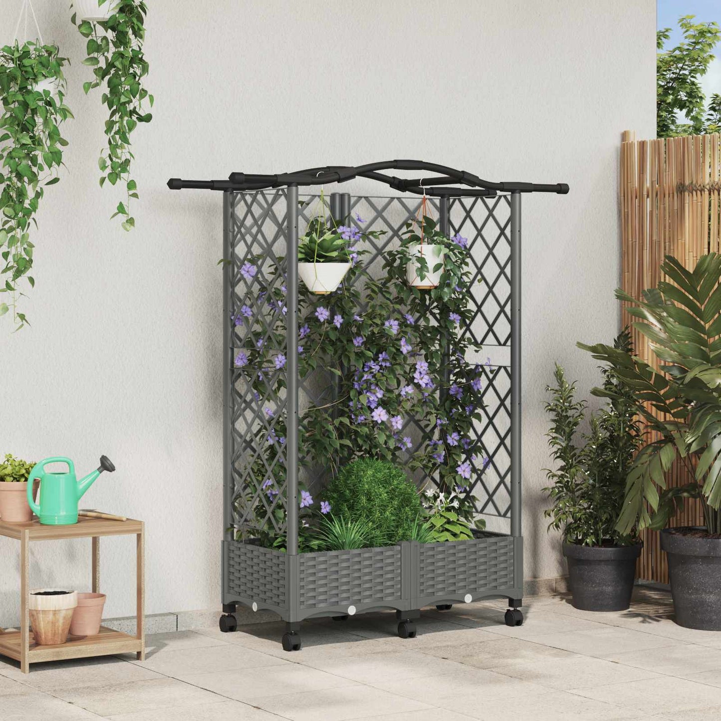 Verhoogd Bed met Trellis en Dak Lichtgrijs 124 x 40 x 129 cm PP