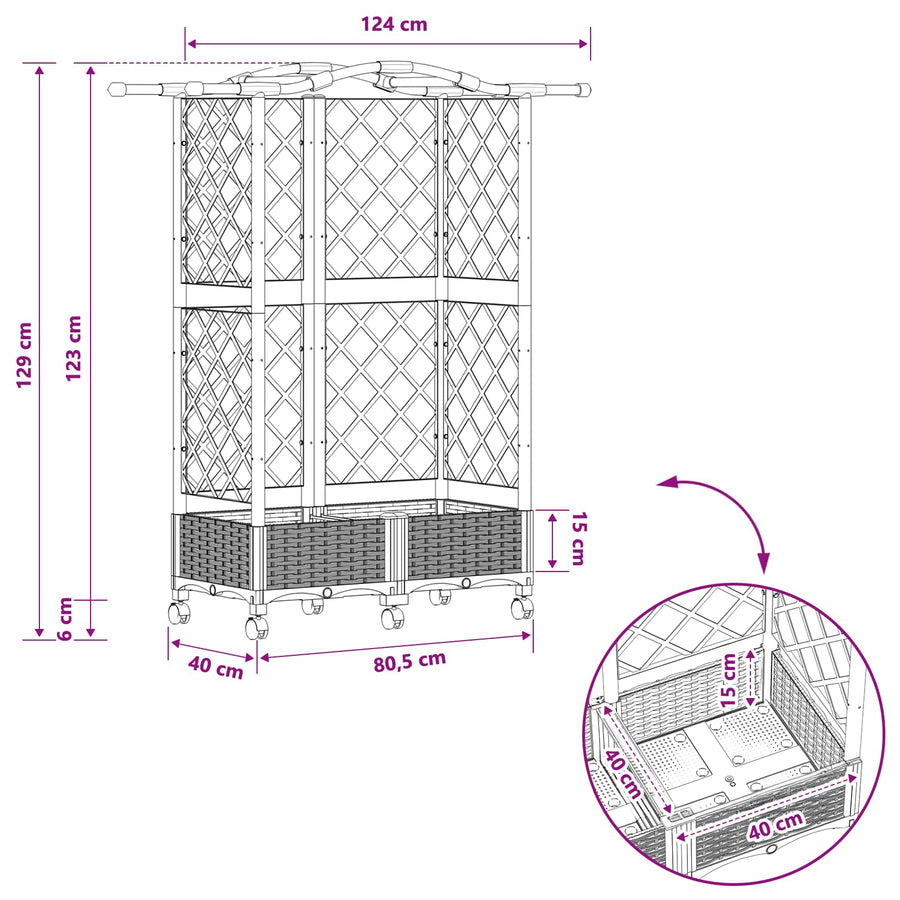Verhoogd Bed met Trellis en Dak Lichtgrijs 124 x 40 x 129 cm PP