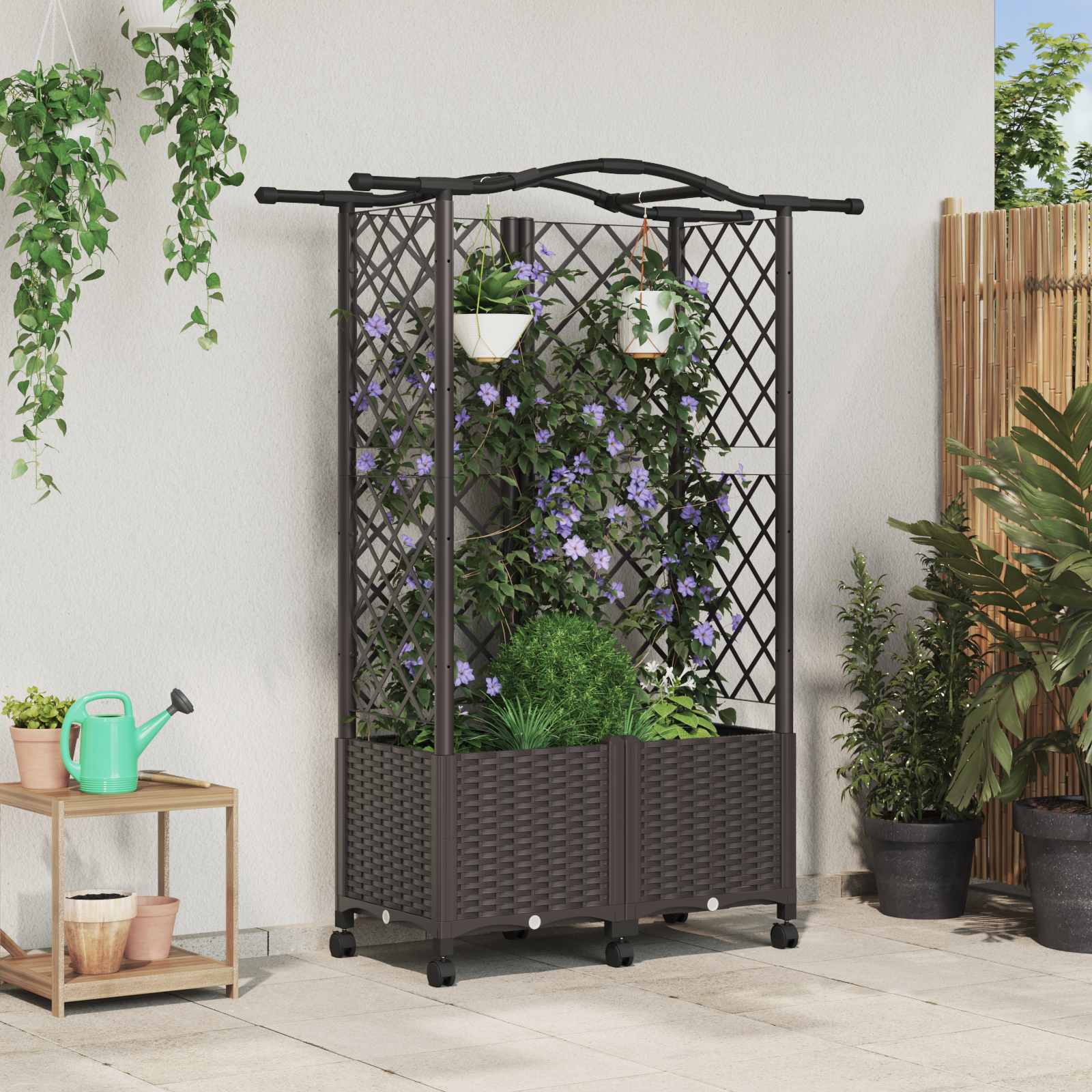 Verhoogd Bed met Trellis en Dak Bruin 122 x 40 x 144 cm PP