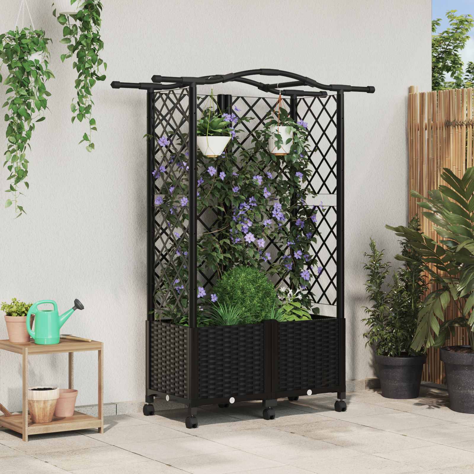Verhoogd Bed met Trellis en Dak Zwart 122 x 40 x 144 cm PP