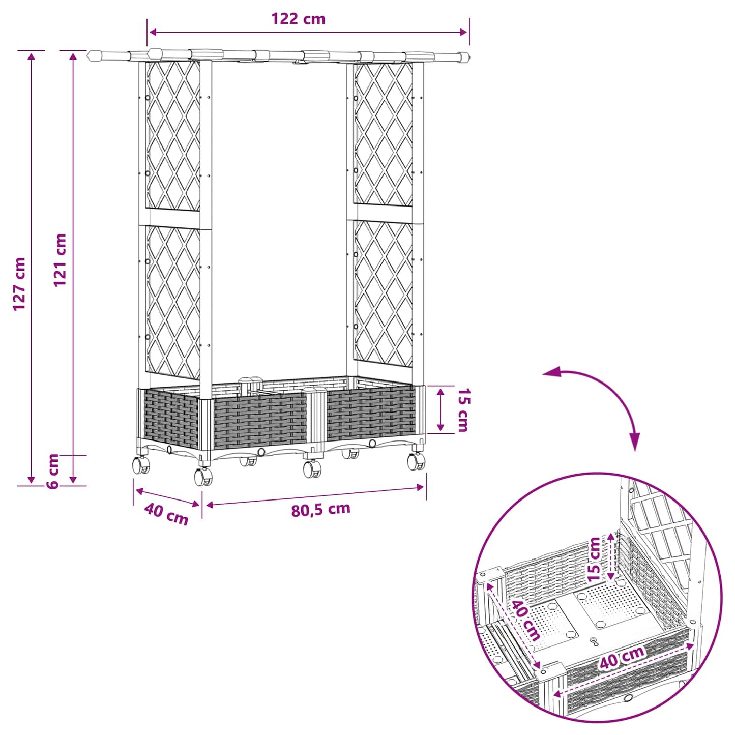 Verhoogd Bed met Trellis en Dak Zwart 122,5 x 40 x 127 cm PP