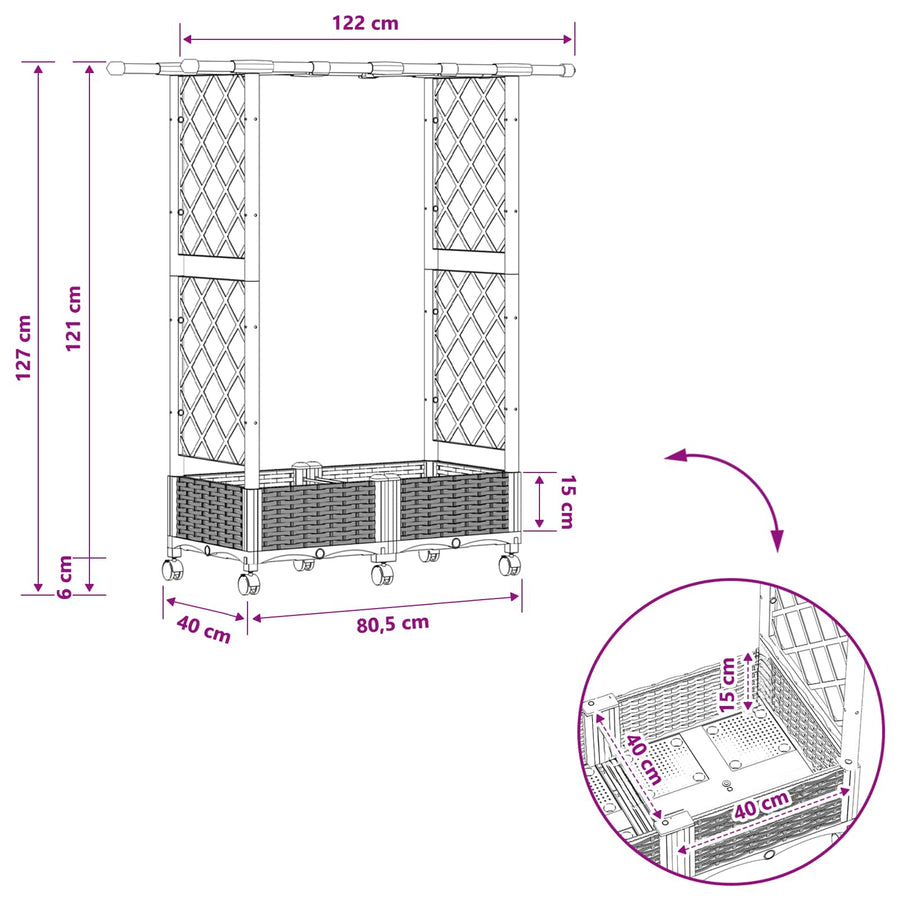 Verhoogd Bed met Trellis en Dak Grijs 122,5 x 40 x 127 cm PP