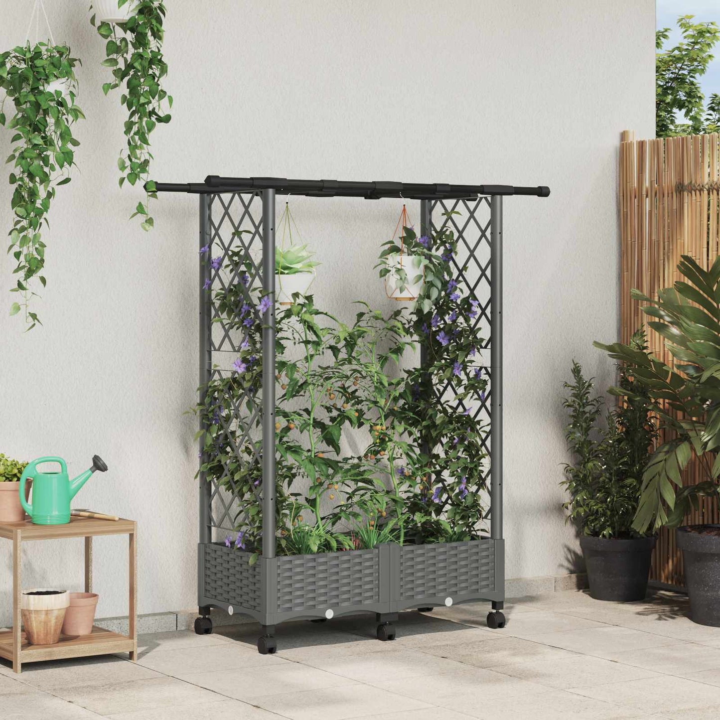 Verhoogd Bed met Trellis en Dak Lichtgrijs 122,5 x 40 x 127 cm