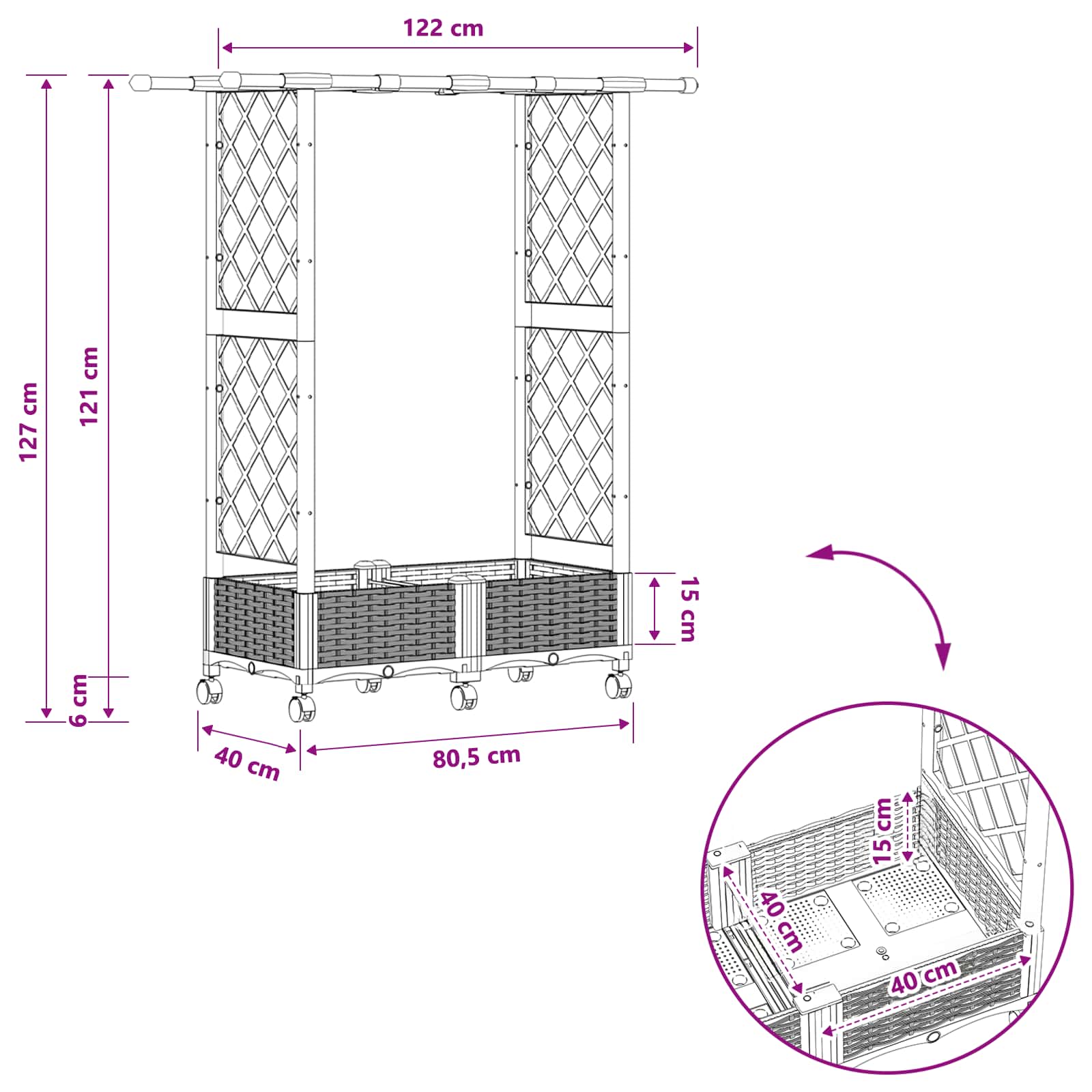 Verhoogd Bed met Trellis en Dak Lichtgrijs 122,5 x 40 x 127 cm