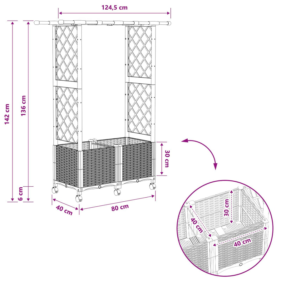 Verhoogd Bed met Trellis en Dak Bruin 124,5 x 40 x 142 cm PP