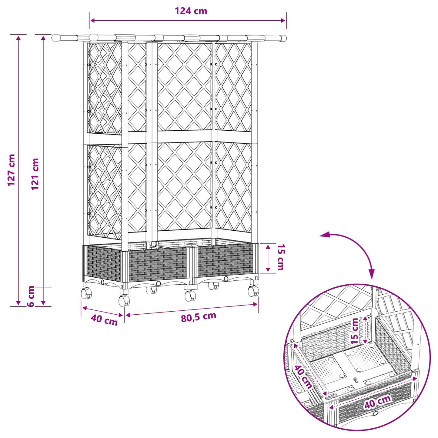 Verhoogd Bed met Trellis en Dak Grijs 124 x 40 x 127 cm PP