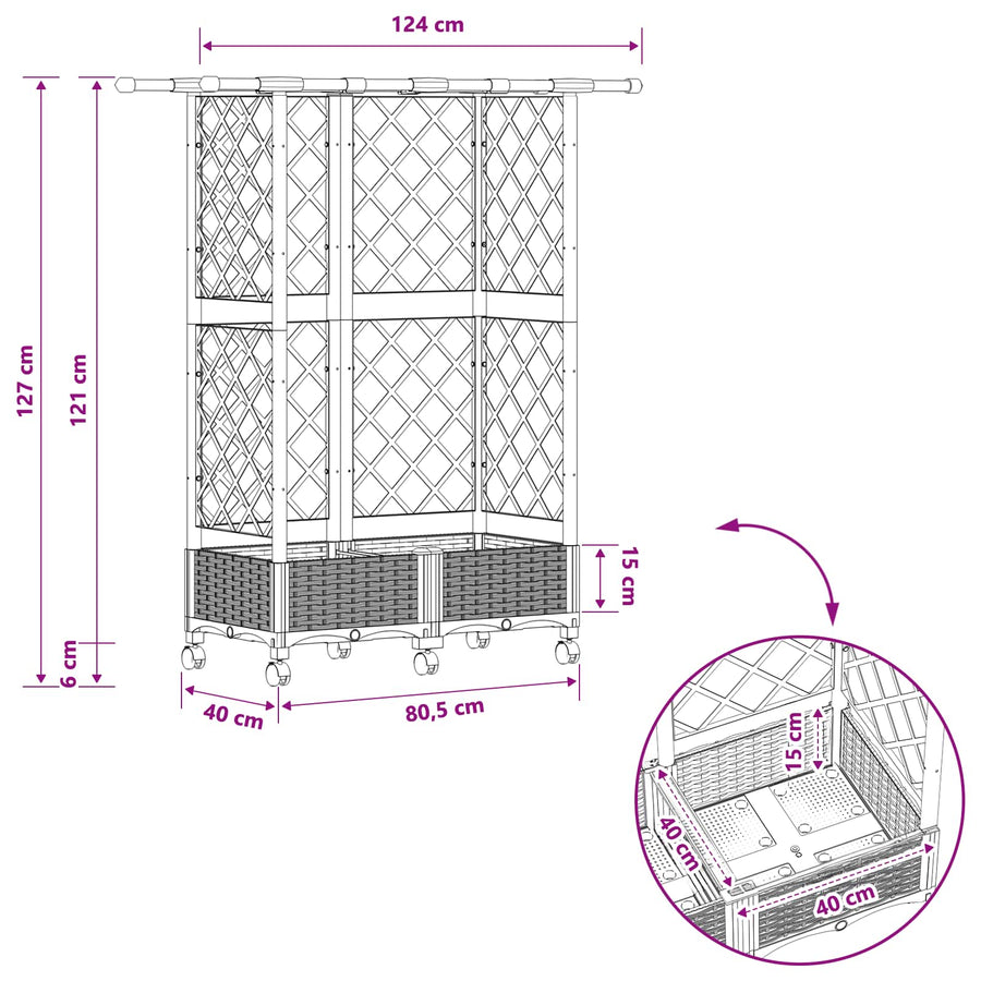 Verhoogd Bed met Trellis en Dak Lichtgrijs 124 x 40 x 127 cm PP