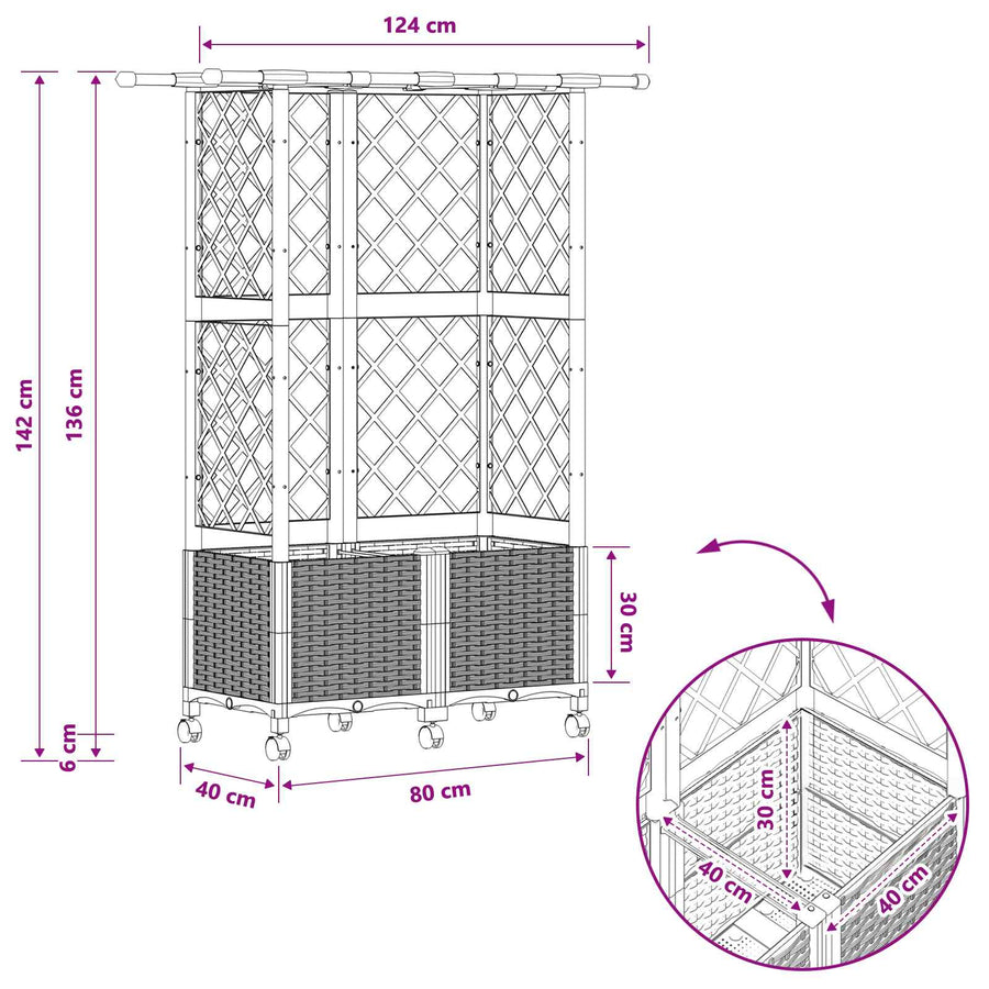 Verhoogd Bed met Trellis en Dak Zwart 124 x 40 x 142 cm PP
