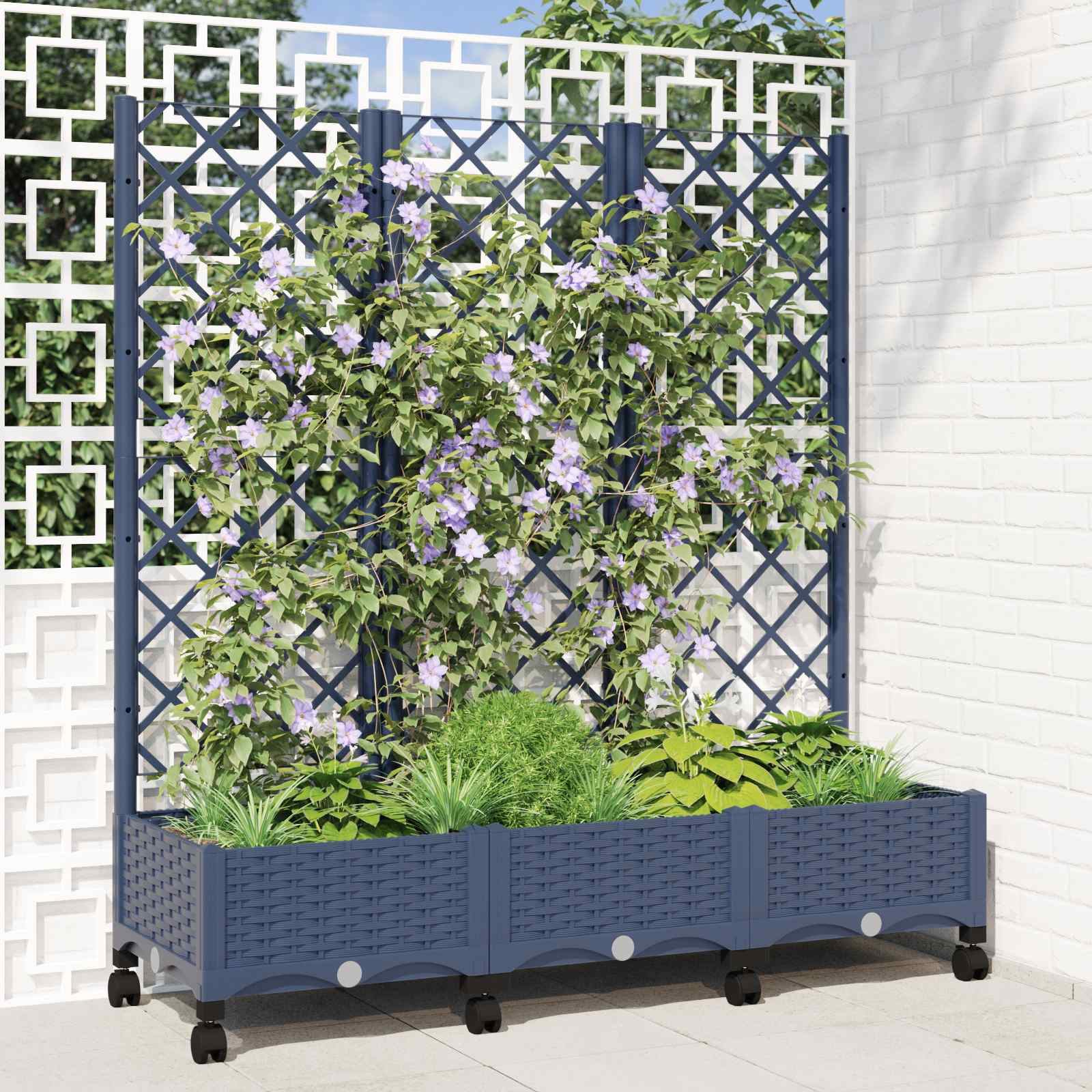 Tuinplantbak met schutting en wielen Blauw Grijs PP