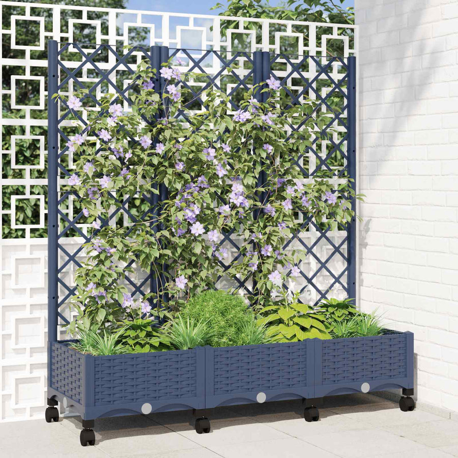 Tuinplantbak met schutting en wielen Blauw Grijs PP