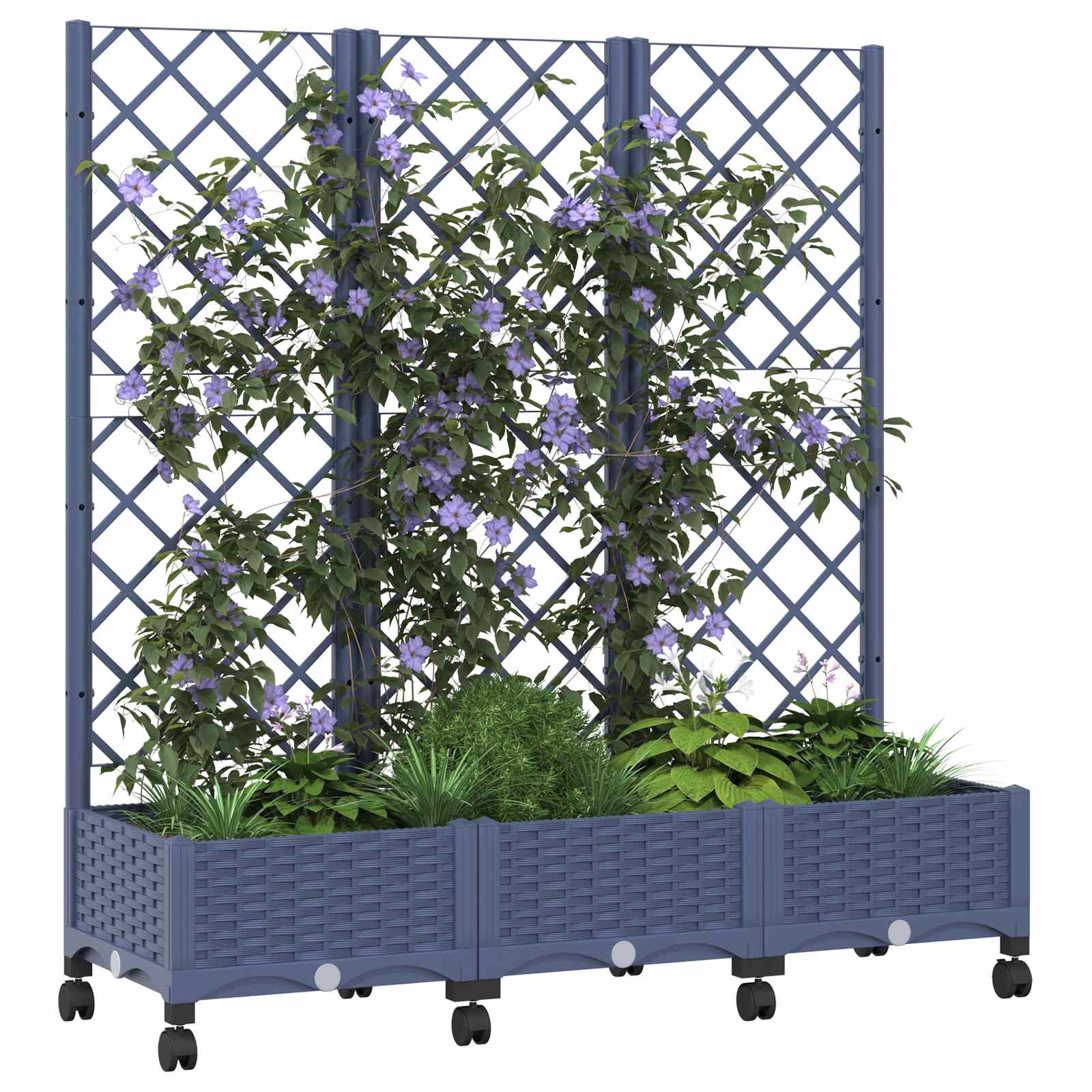 Tuinplantbak met schutting en wielen Blauw Grijs PP