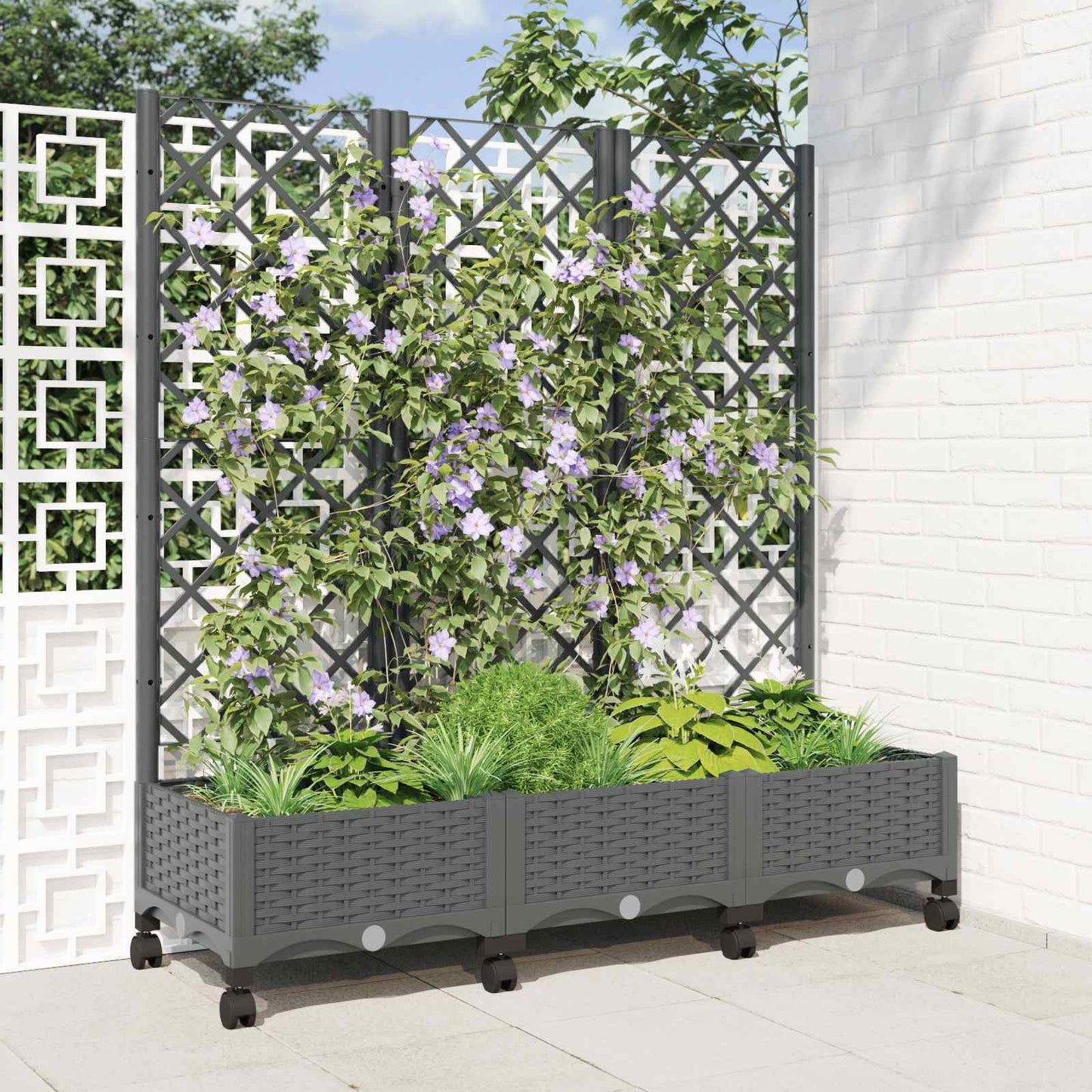 Tuinplantbak met schutting en wielen Lichtgrijs PP