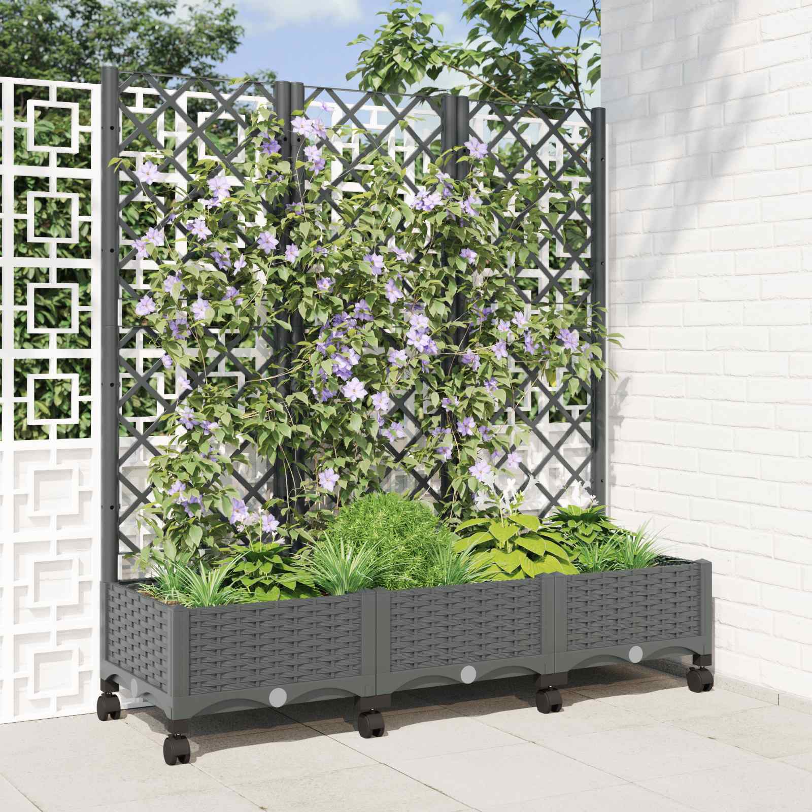 Tuinplantbak met schutting en wielen Lichtgrijs PP