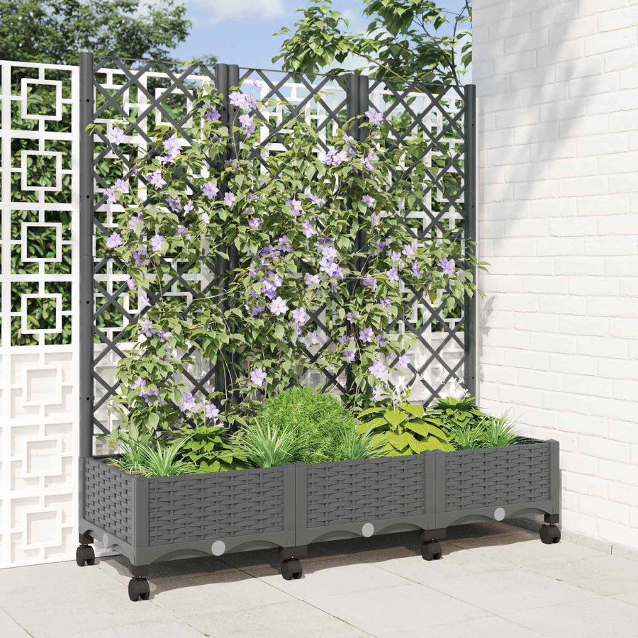 Tuinplantbak met schutting en wielen Lichtgrijs PP