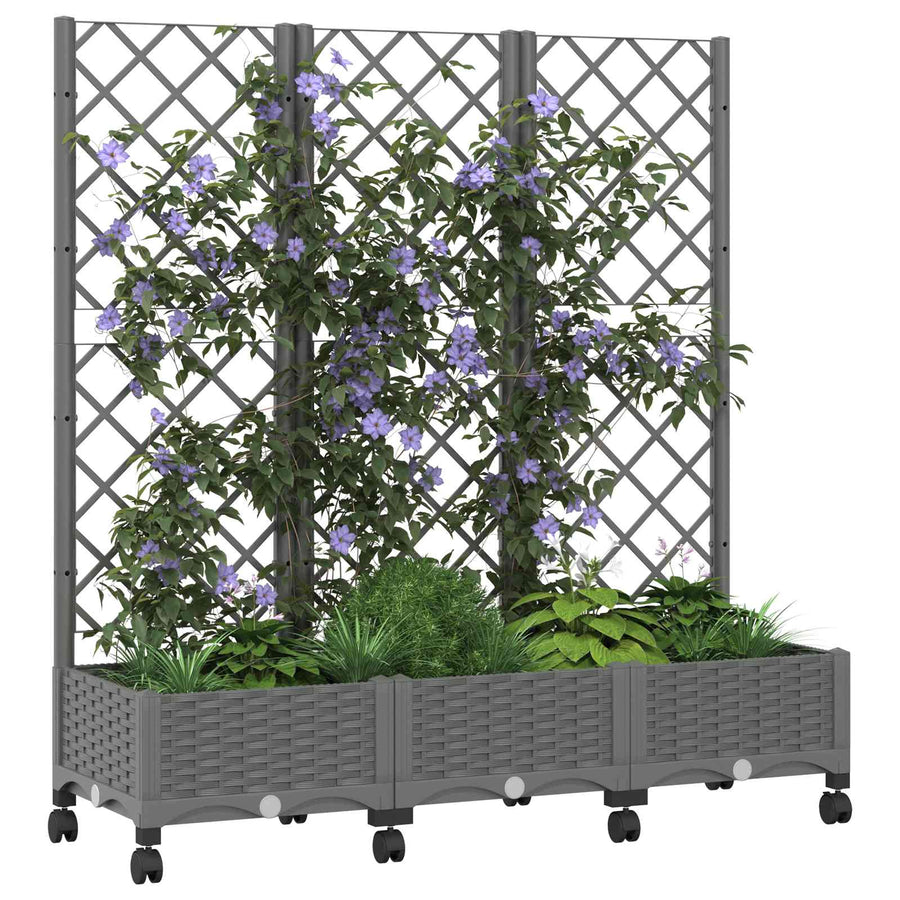 Tuinplantbak met schutting en wielen Lichtgrijs PP