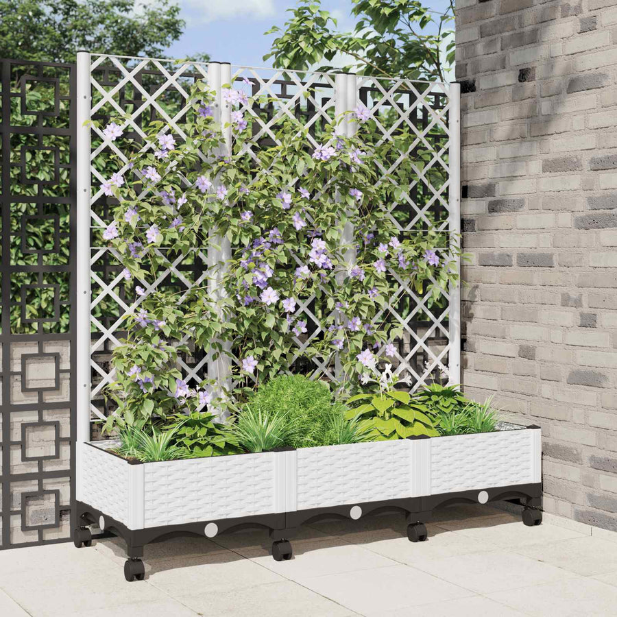 Tuinplantbak met schutting en wielen Wit 120 x 40 x 131,5 cm PP