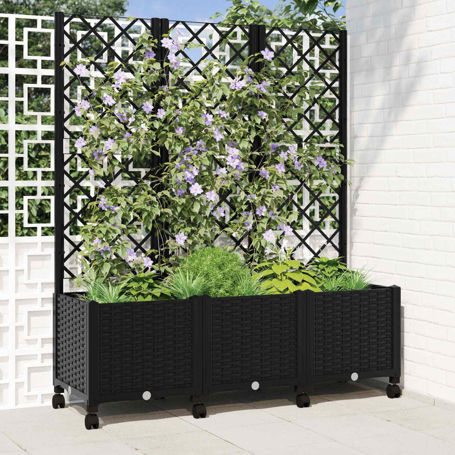 Tuinplantbak met schutting en wielen Zwart 120 x 40 x 146 cm PP