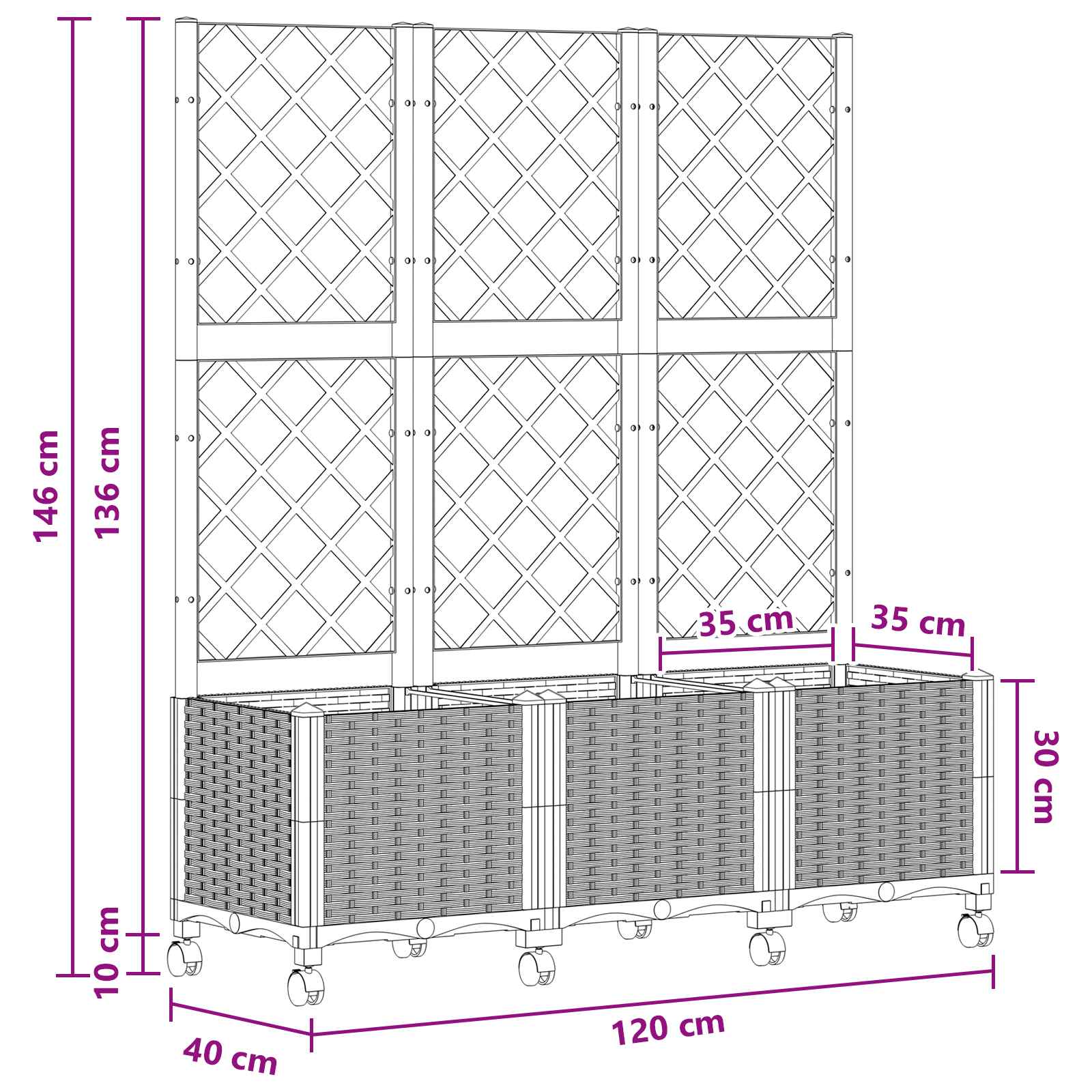 Tuinplantbak met schutting en wielen Zwart 120 x 40 x 146 cm PP