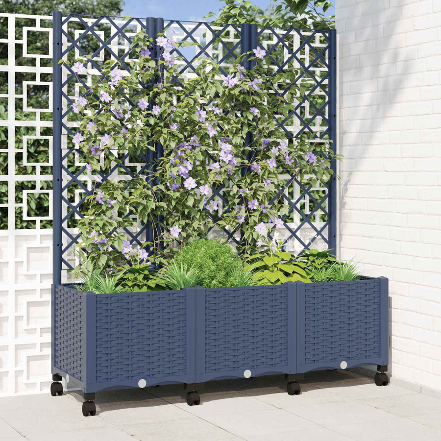 Tuinplantbak met schutting en wielen Blauw Grijs PP