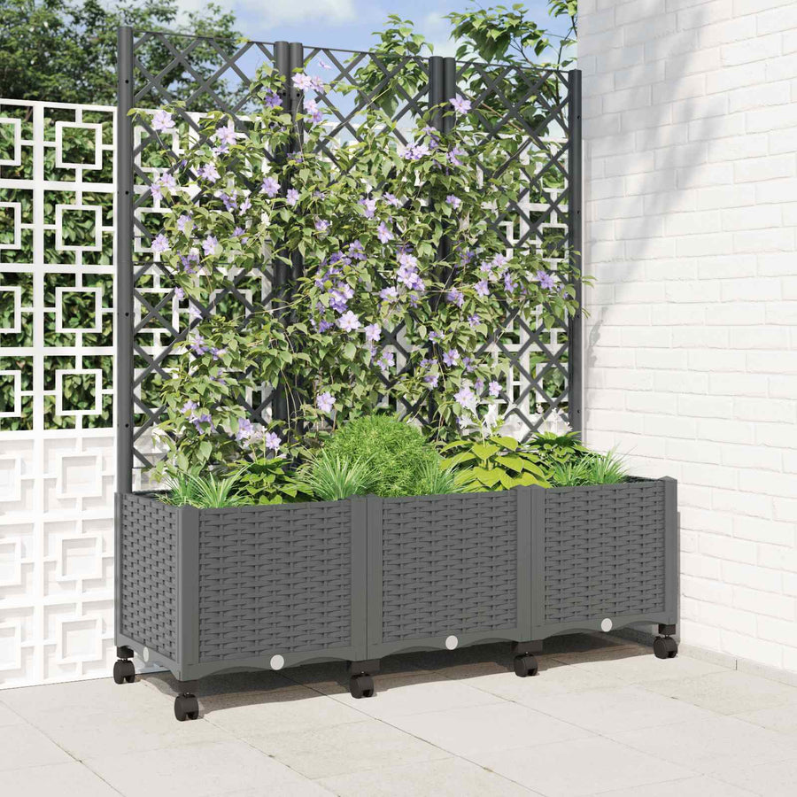Tuinplantbak met schutting en wielen Lichtgrijs PP
