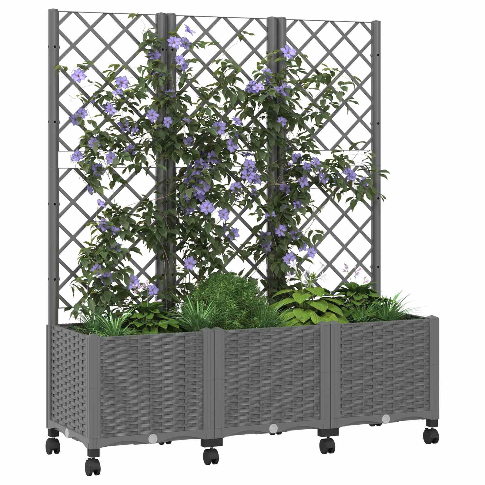 Tuinplantbak met schutting en wielen Lichtgrijs PP