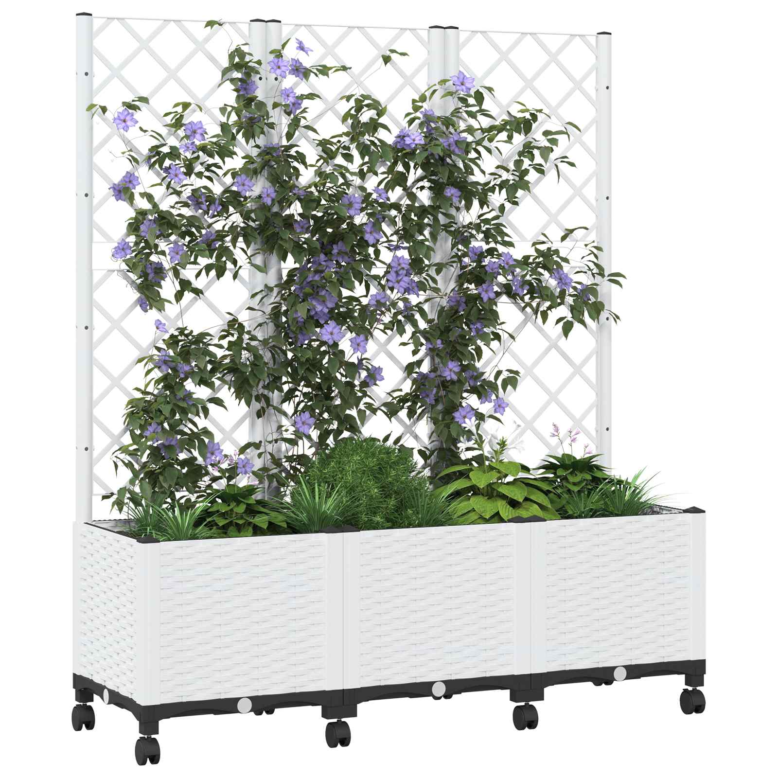 Tuinplantbak met schutting en wielen Wit 120 x 40 x 146 cm PP