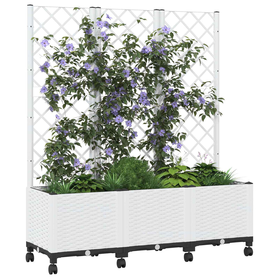 Tuinplantbak met schutting en wielen Wit 120 x 40 x 146 cm PP