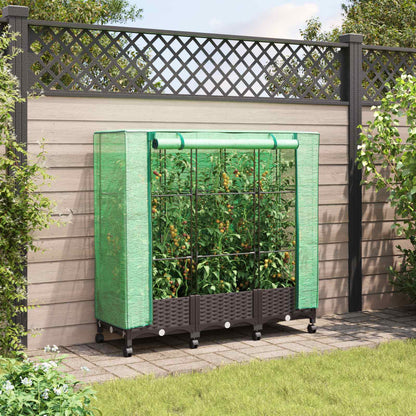 Tuinplantenbak met Kasbedekking en Wielen 3 st Bruin PP