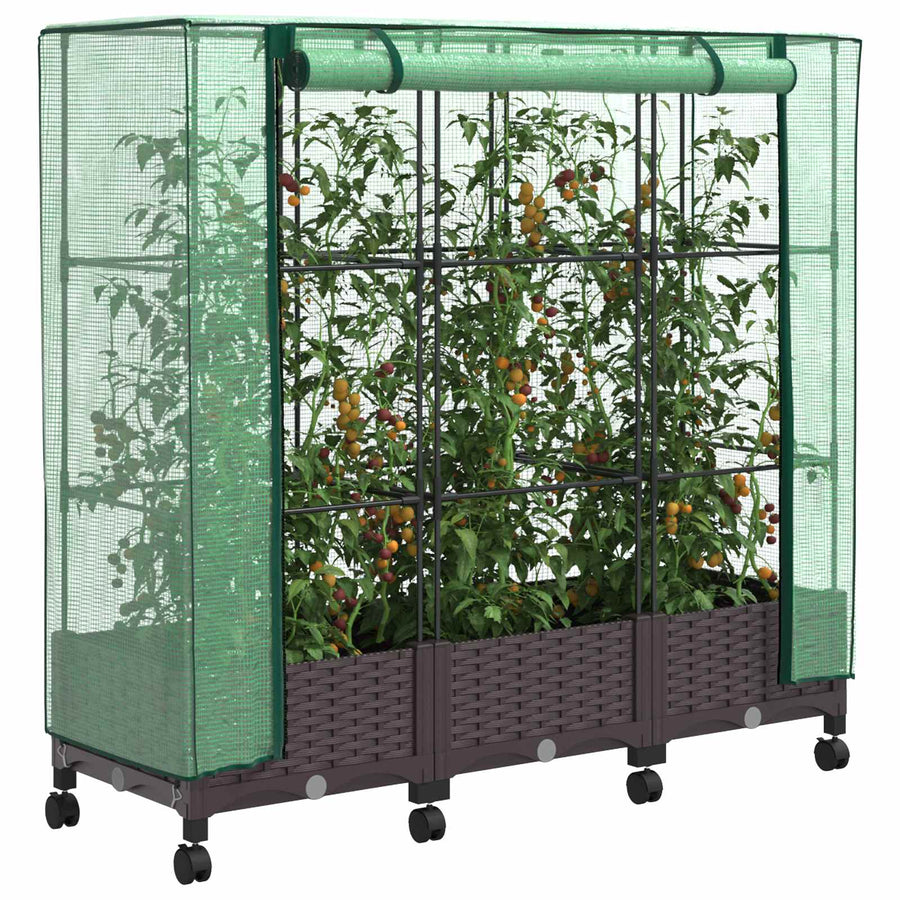 Tuinplantenbak met Kasbedekking en Wielen 3 st Bruin PP
