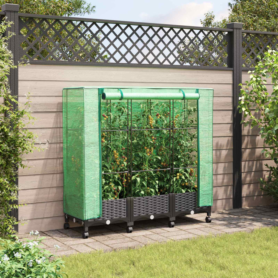 Tuinplantenbak met Kasbedekking en Wielen 3 st Zwart PP