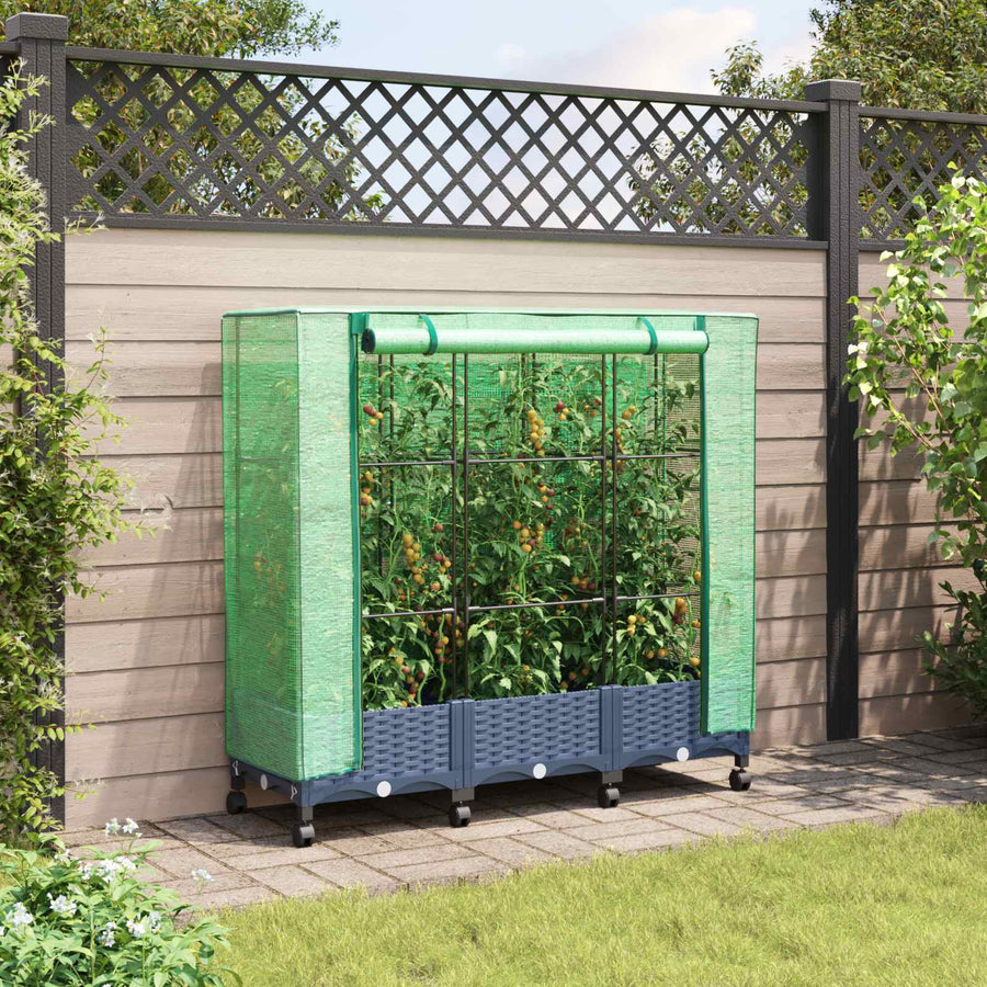 Tuinplantenbak met Kasbedekking en Wielen 3 st Blauw Grijs PP
