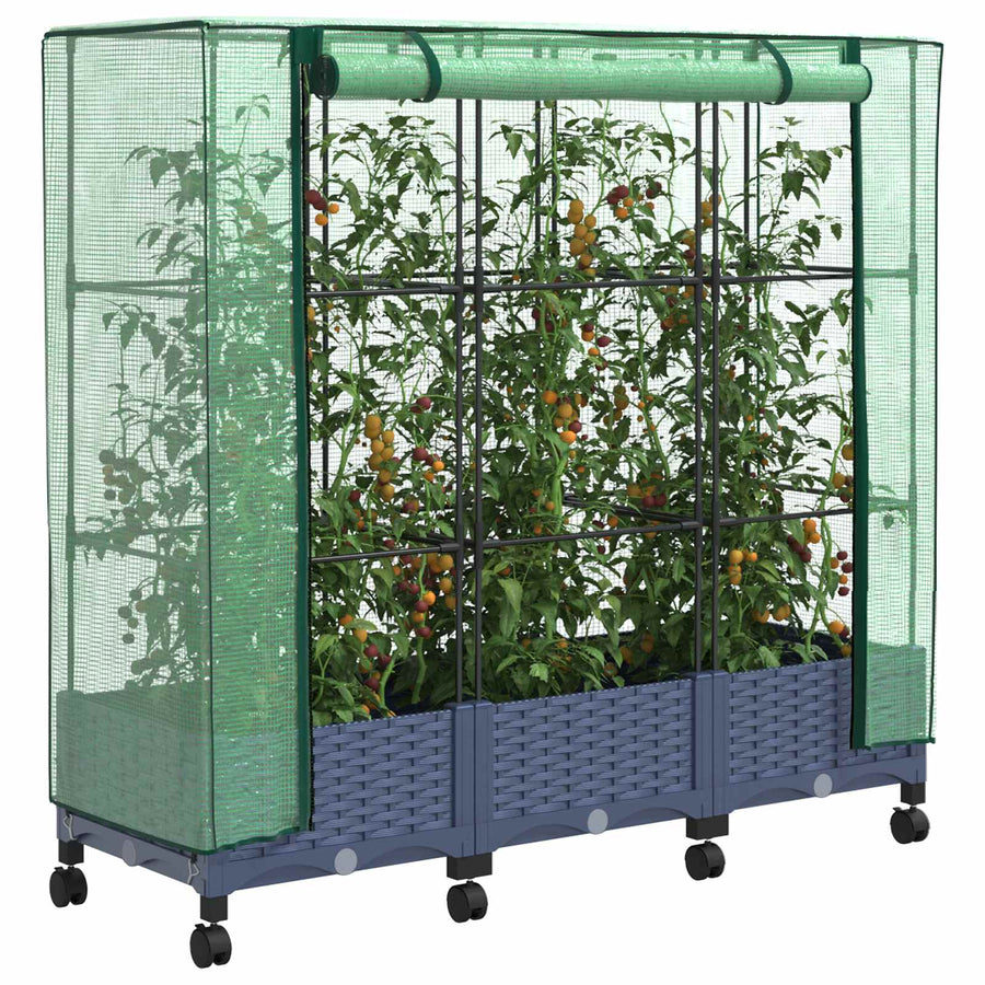 Tuinplantenbak met Kasbedekking en Wielen 3 st Blauw Grijs PP