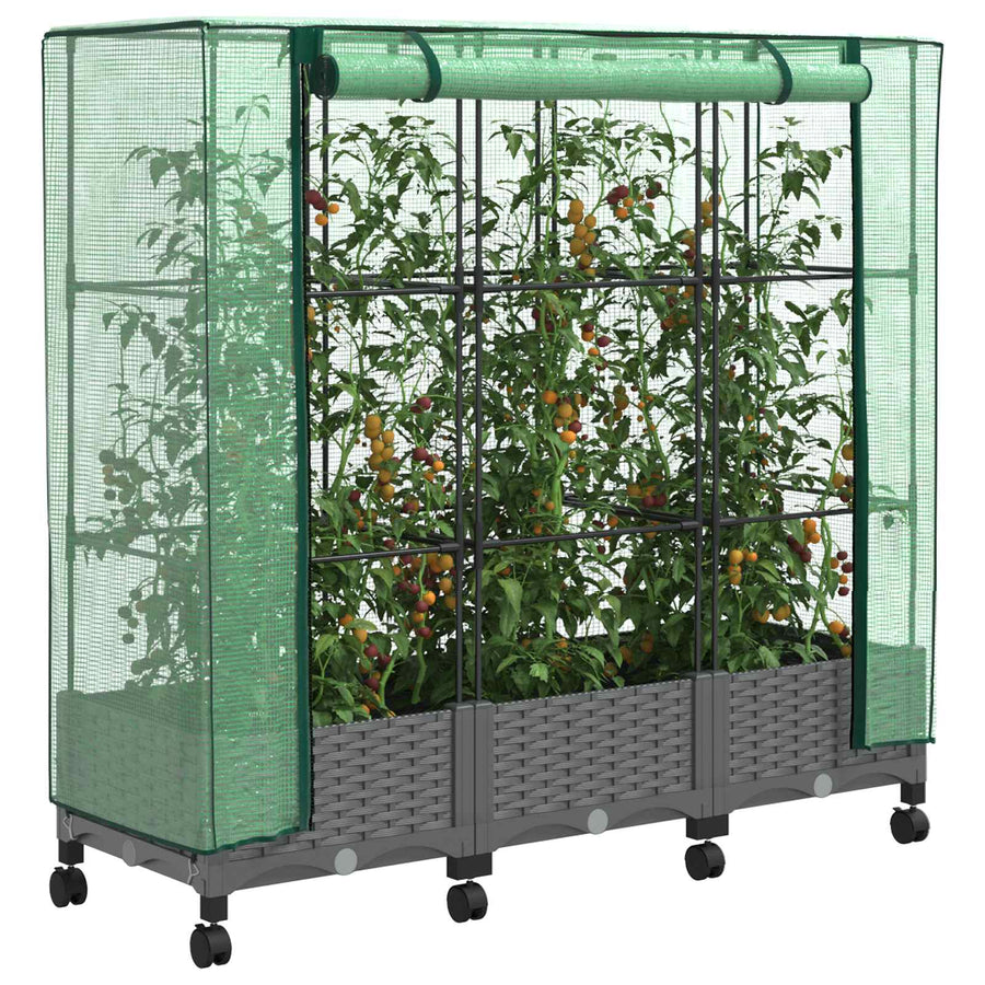 Tuinplantenbak met Kasbedekking en Wielen 3 st Lichtgrijs PP