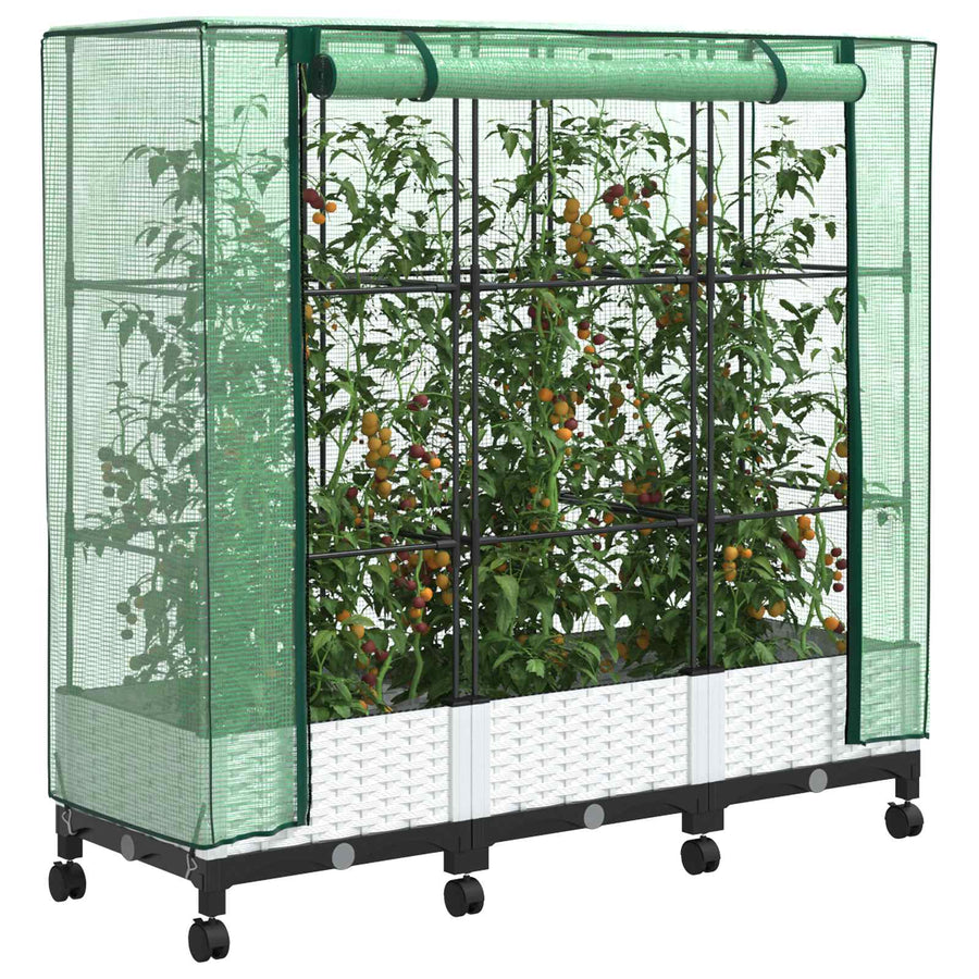 Tuinplantenbak met Kasbedekking en Wielen 3 st Wit PP