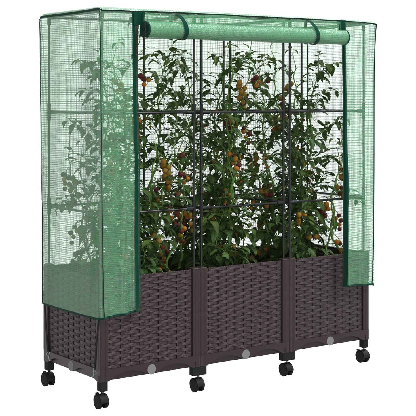Tuinplantenbak met Kasbedekking en Wielen 3 st Bruin PP