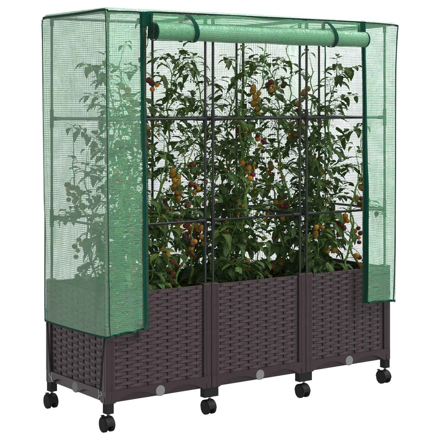 Tuinplantenbak met Kasbedekking en Wielen 3 st Bruin PP