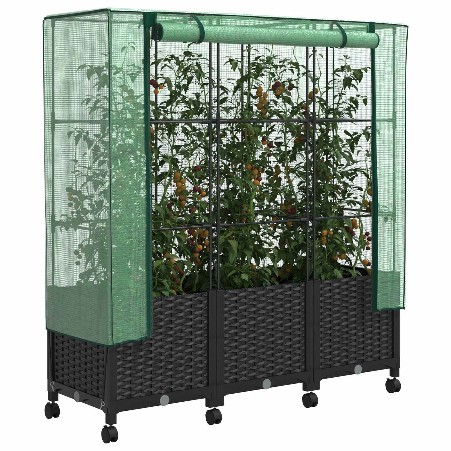 Tuinplantenbak met Kasbedekking en Wielen 3 st Zwart PP
