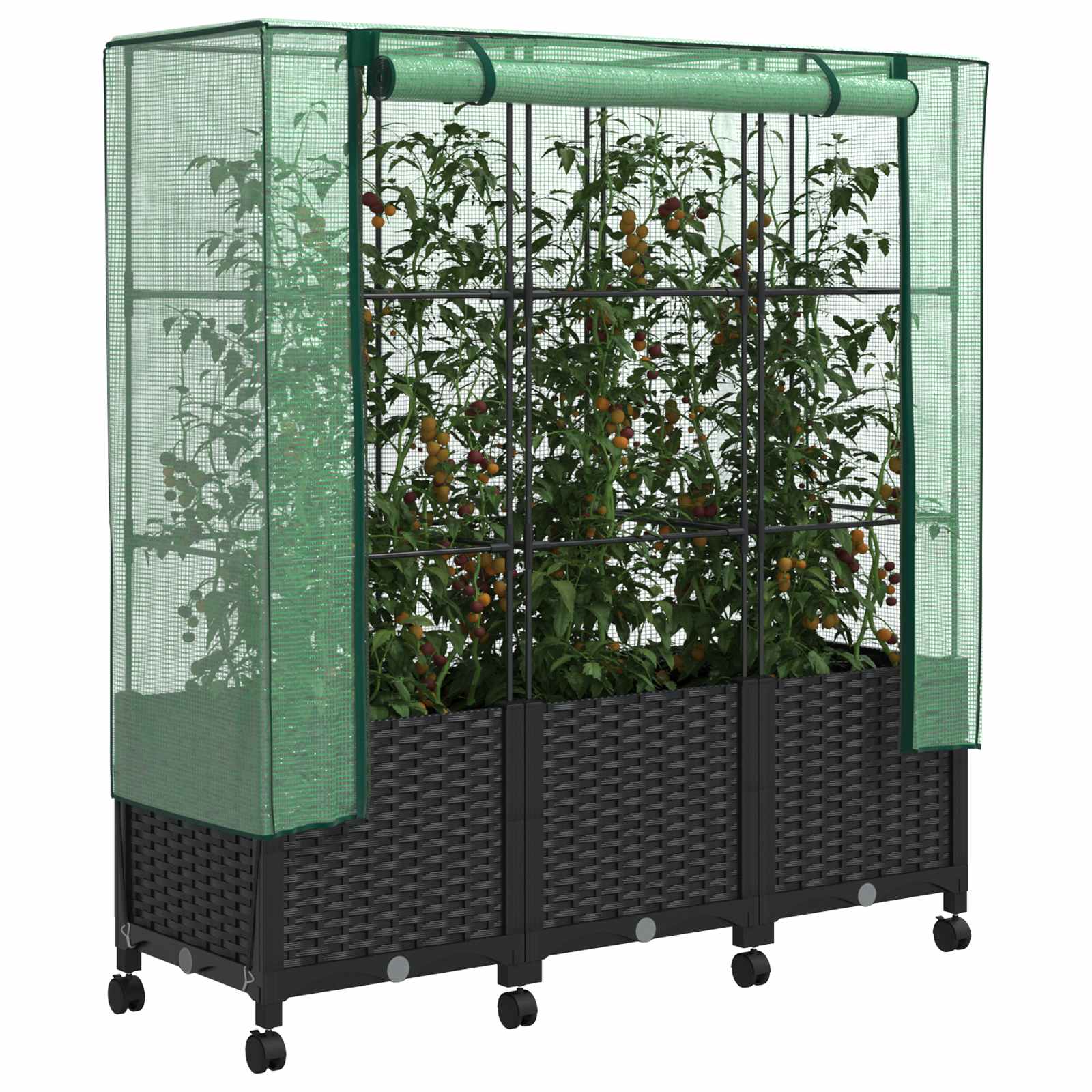 Tuinplantenbak met Kasbedekking en Wielen 3 st Zwart PP