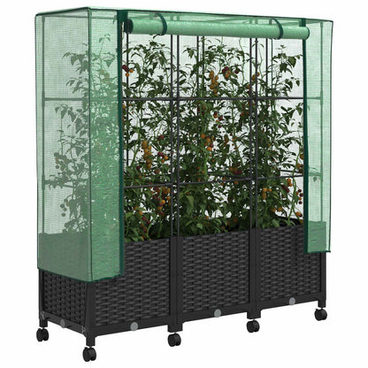 Tuinplantenbak met Kasbedekking en Wielen 3 st Zwart PP