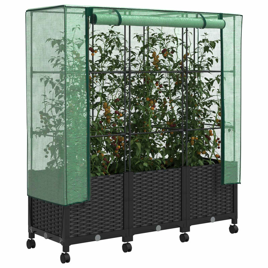 Tuinplantenbak met Kasbedekking en Wielen 3 st Zwart PP