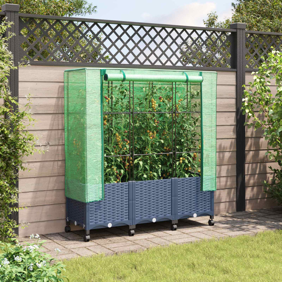 Tuinplantenbak met Kasbedekking en Wielen 3 st Blauw Grijs PP