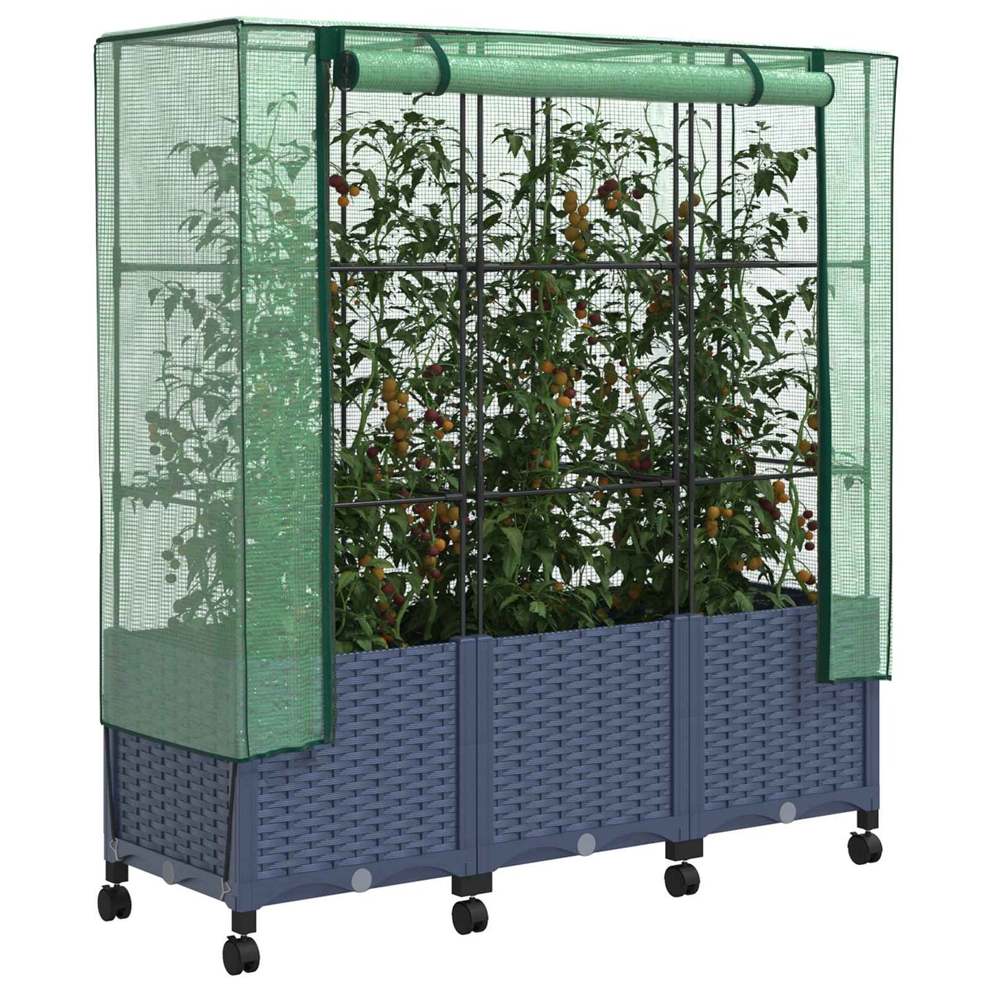 Tuinplantenbak met Kasbedekking en Wielen 3 st Blauw Grijs PP