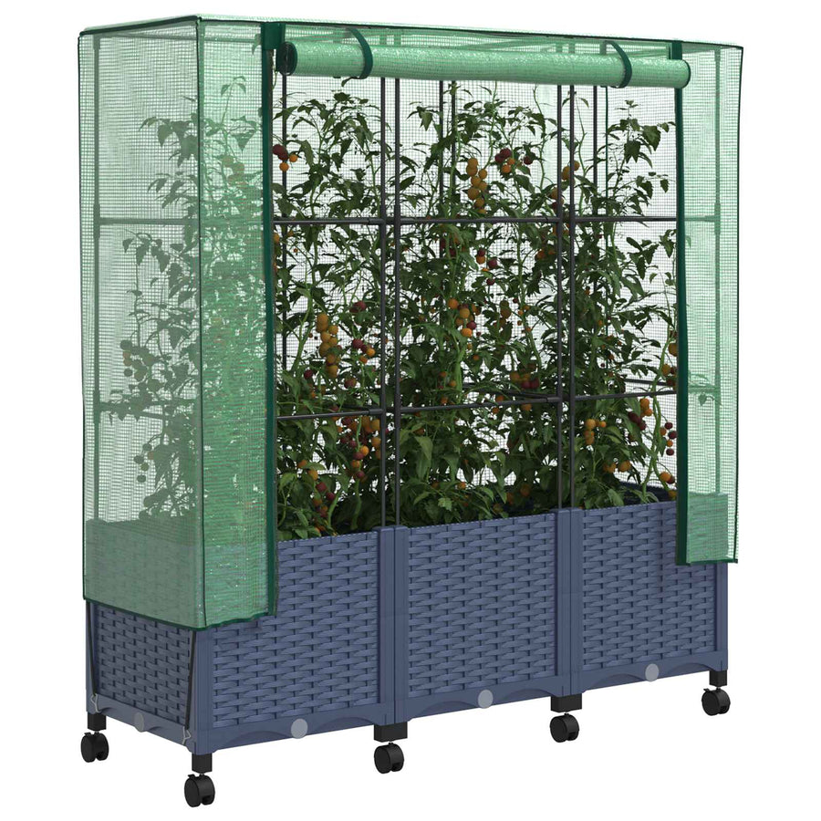 Tuinplantenbak met Kasbedekking en Wielen 3 st Blauw Grijs PP