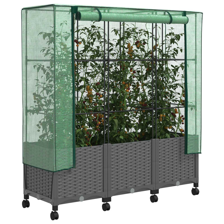 Tuinplantenbak met Kasbedekking en Wielen 3 st Lichtgrijs PP
