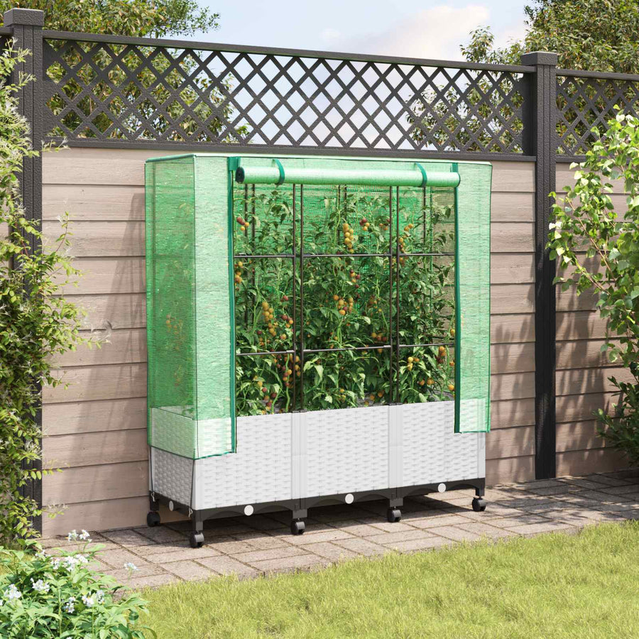 Tuinplantenbak met Kasbedekking en Wielen 3 st Wit PP