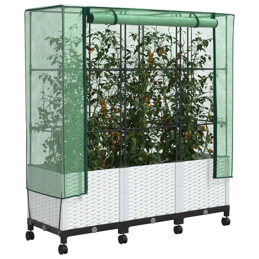 Tuinplantenbak met Kasbedekking en Wielen 3 st Wit PP