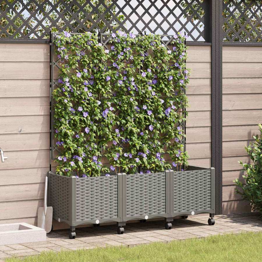 Tuinplantbak met schutting en wielen 3 st Lichtgrijs PP