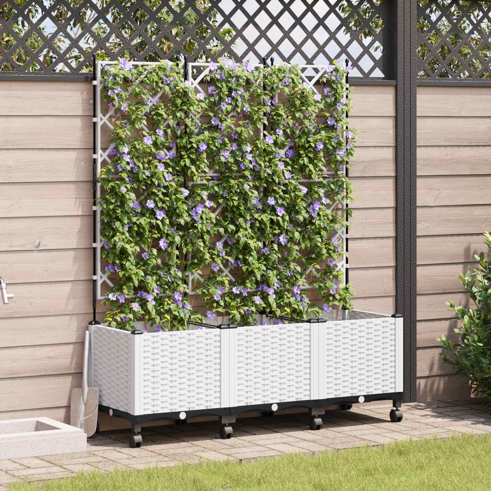 Tuinplantbak met schutting en wielen 3 st Wit 120 x 40 x 149 cm